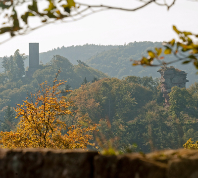 Blick von der Burgruine Anebos zur Burg Trifels bei Annweiler im Pfälzwald