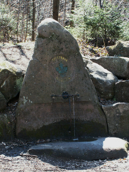 Über ein Rohr liefert der Spitzrainbrunnen wasser, welches in einem Stein gesammelt wird. Der Brunnen selbst besteht aus einem hoch aufgerichteten Stein auf dem in goldenen Lettern 