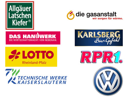 Foto zeigt die Sponsorenlogos: Allgäuer Latschenkiefer, die Gasanstalt, das Handwerk, Karlsberg, Lotto Rheinland-Pfalz, RPR 1, Technische Werke Kaiserslautern, VW