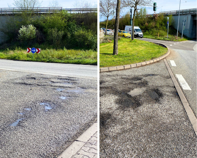 Die Schadstellen an der Ausfahrt der Tankstelle am Opelkreisel. © Stadtbildpflege Kaiserslautern