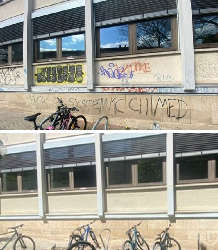 Ein Teil der Gebäudefassade einmal mit Graffiti (oben) und einmal ohne (unten) © Stadtbildpflege Kaiserslautern