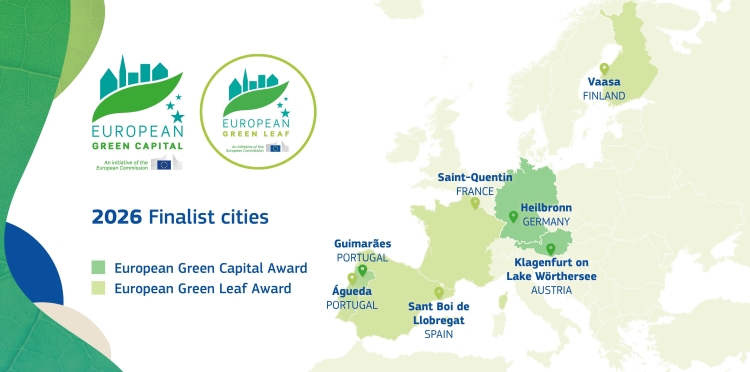 Eine Europakarte mit den Finalstädten der Wettbewerbe Green Leaf und Green Capital. © Europäische Kommission