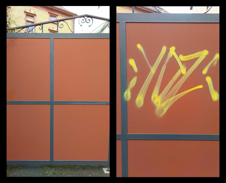 Vergleichsbild eines Tors mit Graffiti und ohne Graffiti, nach der Reinigung. © Stadtbildpflege Kaiserslautern