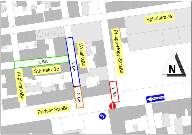 Die Bauabschnitte der Maßnahme im Straßenplan. © Stadtentwässerung Kaiserslautern