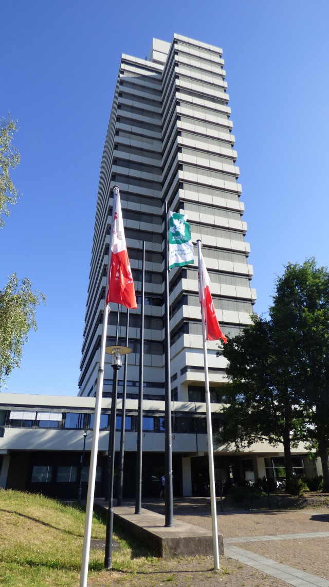 Die Mayors-for-Peace-Flagge am Flaggenmast auf dem Rathausvorplatz. © Stadt Kaiserslautern