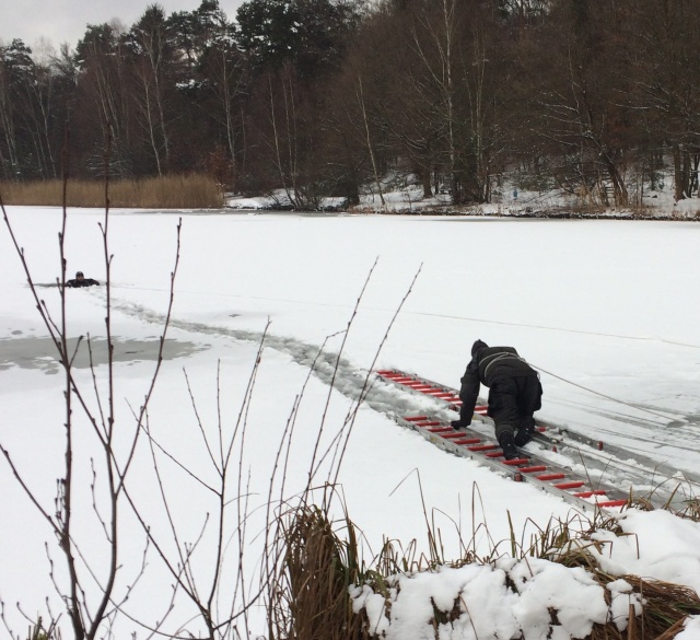 Die Feuerwehr übt, die ins Eis eingebrochene Person mithilfe von Leiterteilen aus dem Vogelwoog zu retten  © Stadt Kaiserslautern