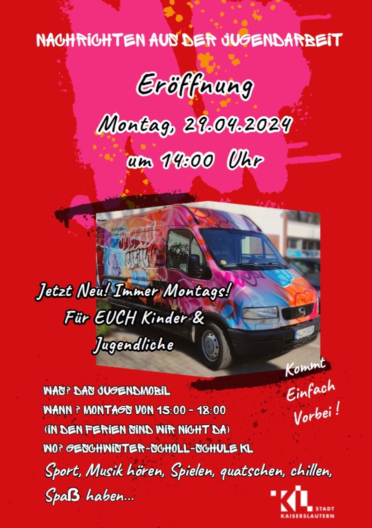 Das Poster für den 29. April mit dem neuen Jugendmobil vor rotem Hintergrund. © Stadt Kaiserslautern