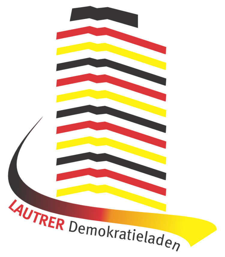 Das Logo des Demokratieladens. Das Rathaus mit schwarz-rot-goldenen Stockwerken, davor symbolisch die Lauter mit dem Schriftzug. © Stadt Kaiserslautern