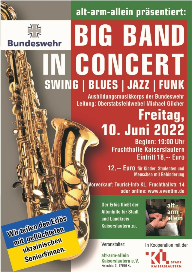 Plakat für das Benefizkonzert alt-arm-allein Kaiserslautern e. V. am 10. Juni 2022 um 19:00 Uhr in der Fruchthalle © alt-arm-allein