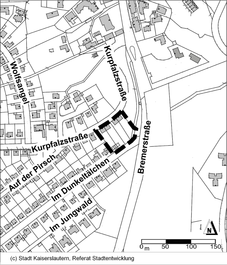 Die Graphik zeigt die Abgrenzung des Geltungsbereichs des Bebauungsplanentwurf Kurpfalzstraße-Im Dunkeltälchen © Stadt Kaiserslautern