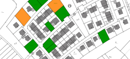 Ausschnitt aus dem Baulandkataster der Stadt Kaiserslautern - private Baulücken sind grün und städtische Baulücken orange dargestellt