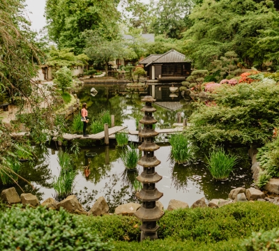 Auf dem Bild sieht man den großen Teich im Japanischen Garten. Im Hintergrund das japanische Teehaus. 