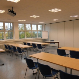 A conference room with a flip chart.