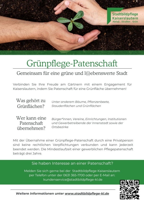 Flyer der Stadtbildpflege Kaiserslautern mit Informationen zur Grünpflege-Patenschaft.