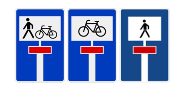 Das Bild zeigt drei Verkehrsschilder für Radverkehr und Fußgänger