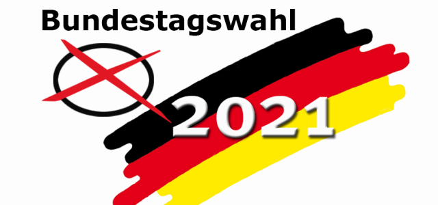 Grafik: Schriftzug Bundestagswahl 2021 auf schwarz-rot-goldenem Hintergrund
